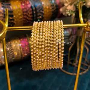 Premium Gold Pearl Beaded Metal Bangles – Set of 12
