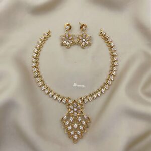 Elegant Diamond Look-Alike Floral Necklace Set with Stud Earrings