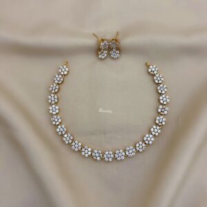 Classic Floral Diamond Look-Alike Necklace Set with Stud Earrings