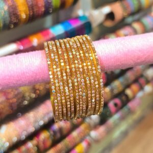Premium Glass Bangles Gold With Multi Colour Stones-12pcs