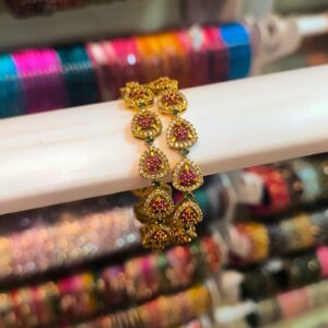 Gold Finish With Pink Crystal Bangles -2 Pcs