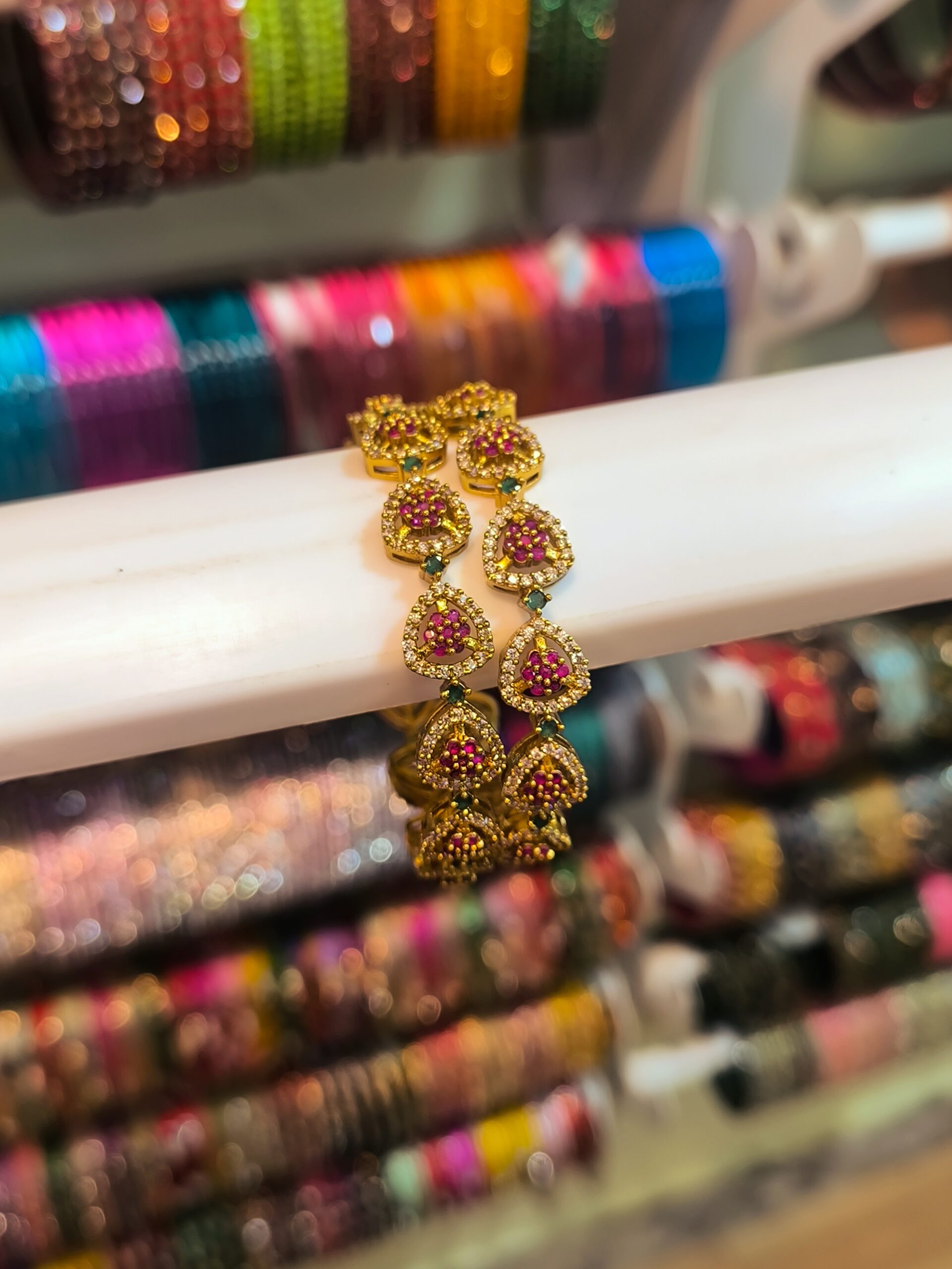 Gold Finish With Pink Crystal Bangles -2 Pcs