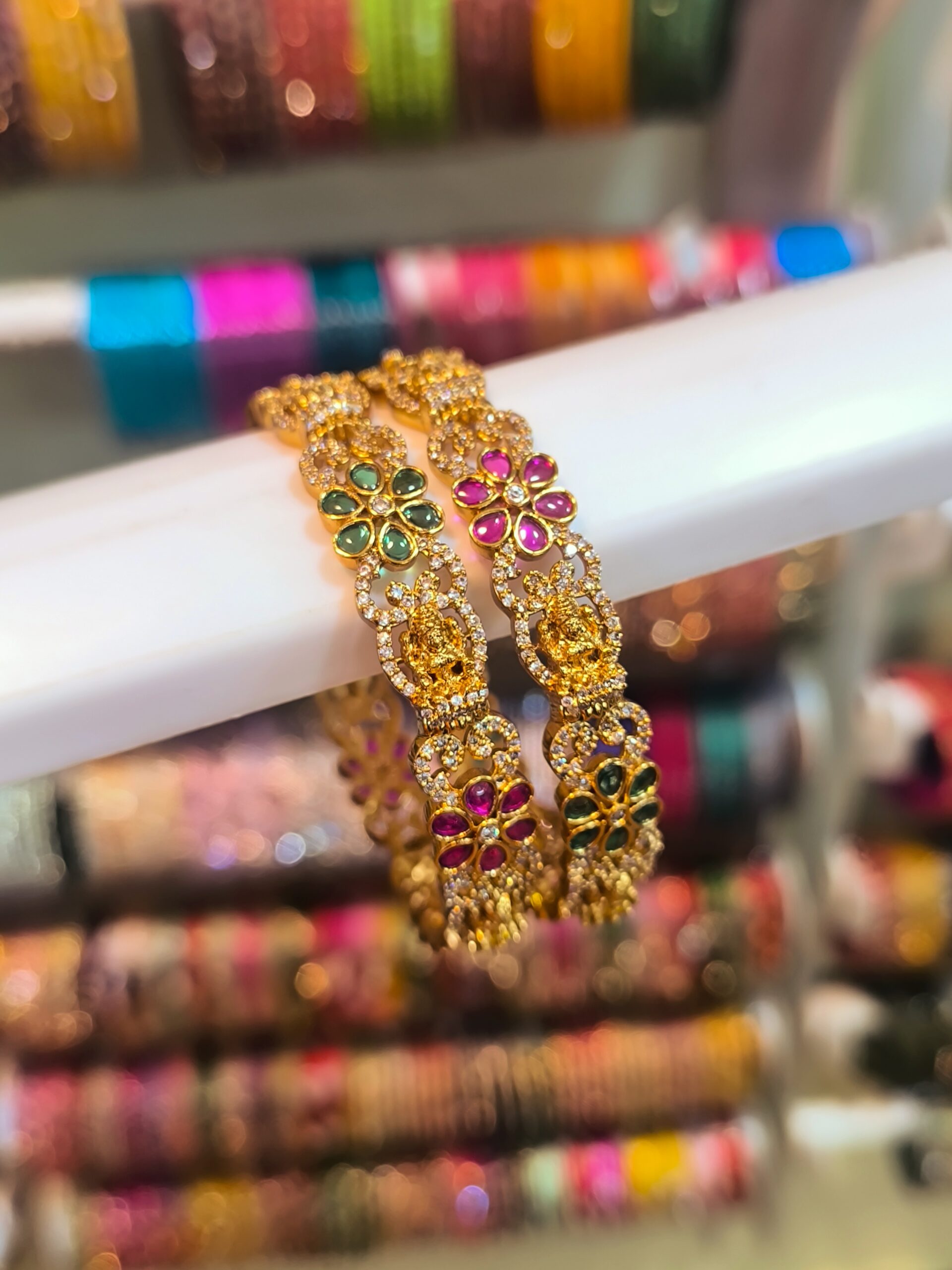 Premium Pink & Green Floral Kada Bangles -2 Pcs