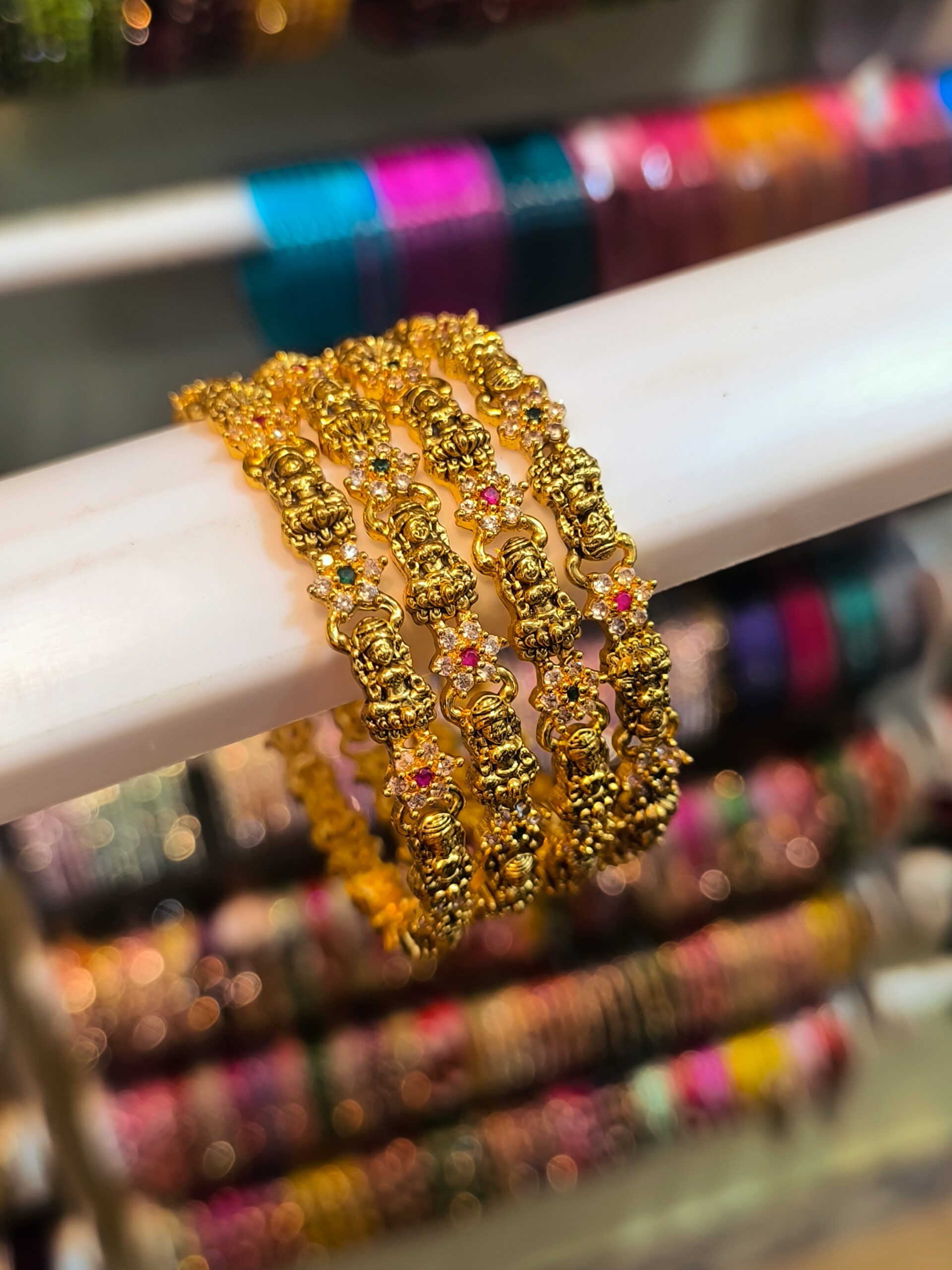 Goddess Lakshmi & Multi Colour Stone Bangles -4 Pcs