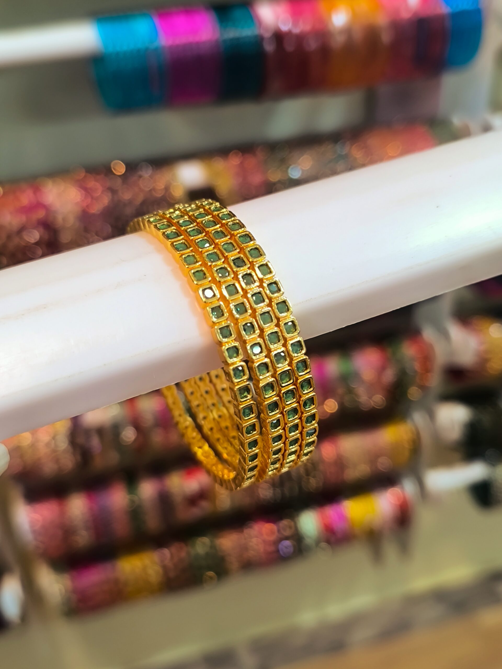 Green Stone Metal Bangles -4 Pcs