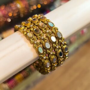 Oval Kundan Mirror Design Bangles -4 Pcs