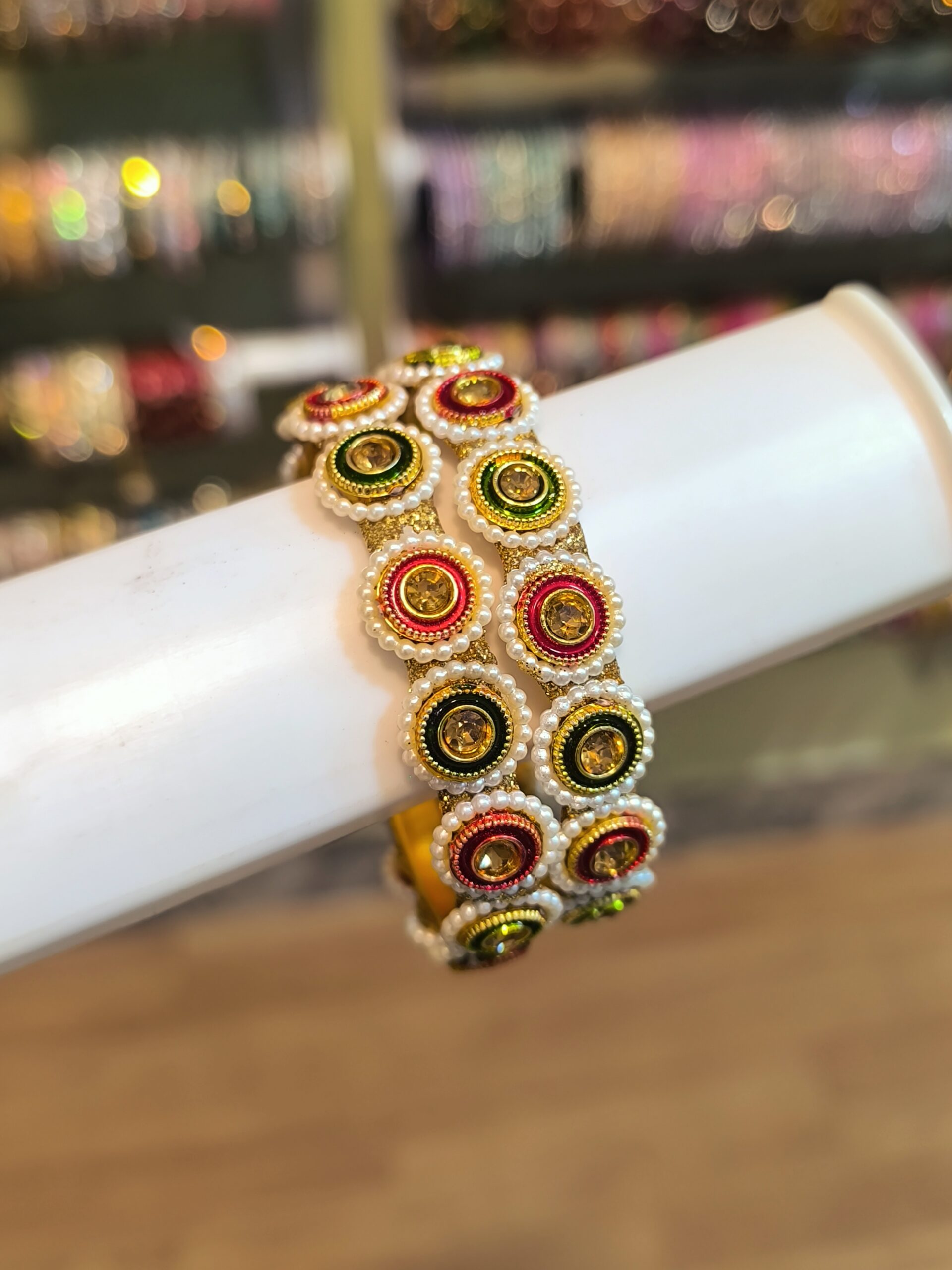 Pearl Kundan Round Stone Bangles-2 Pcs