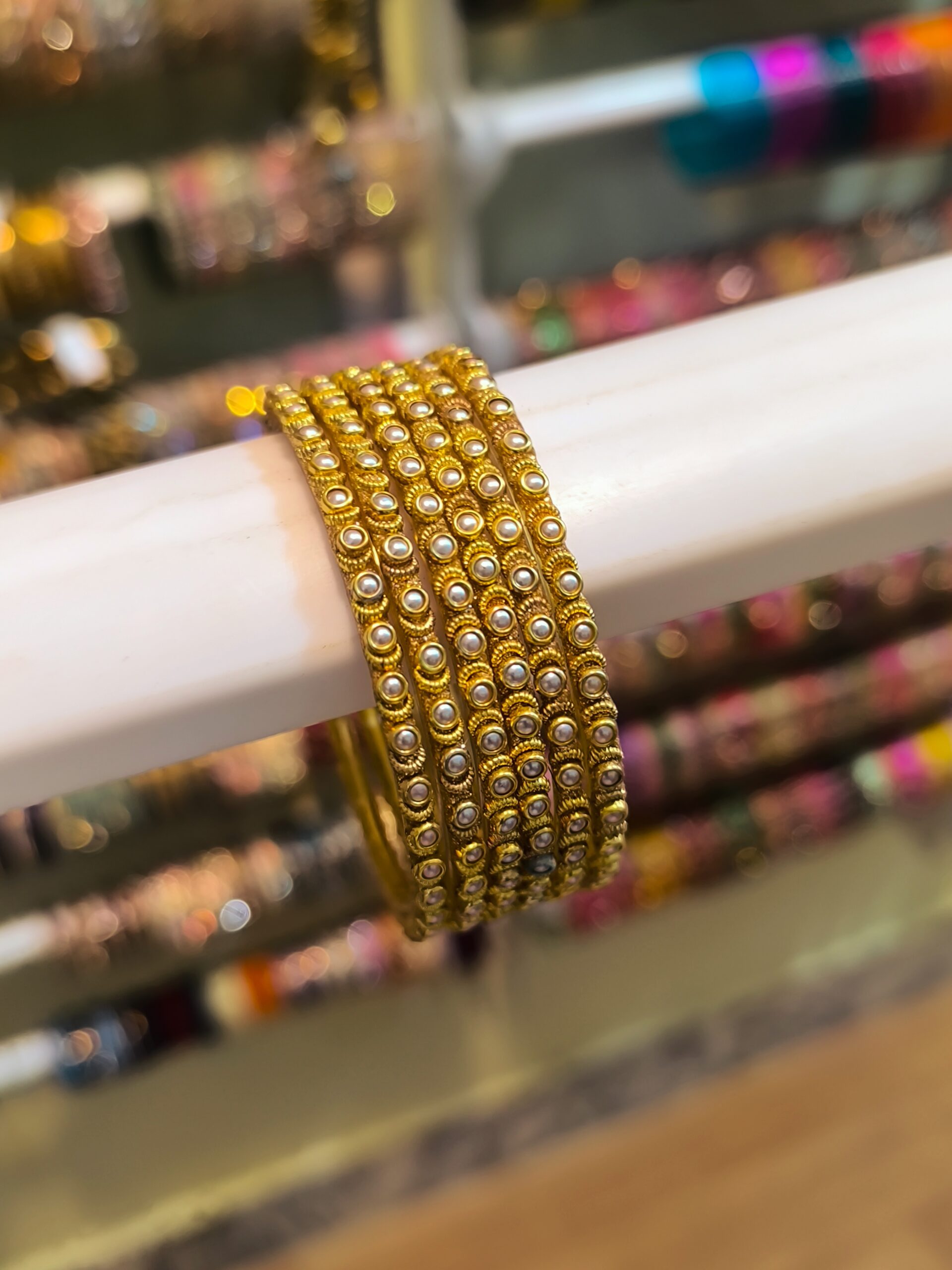 Temple Style Pearl Bangles {White} -6Pcs