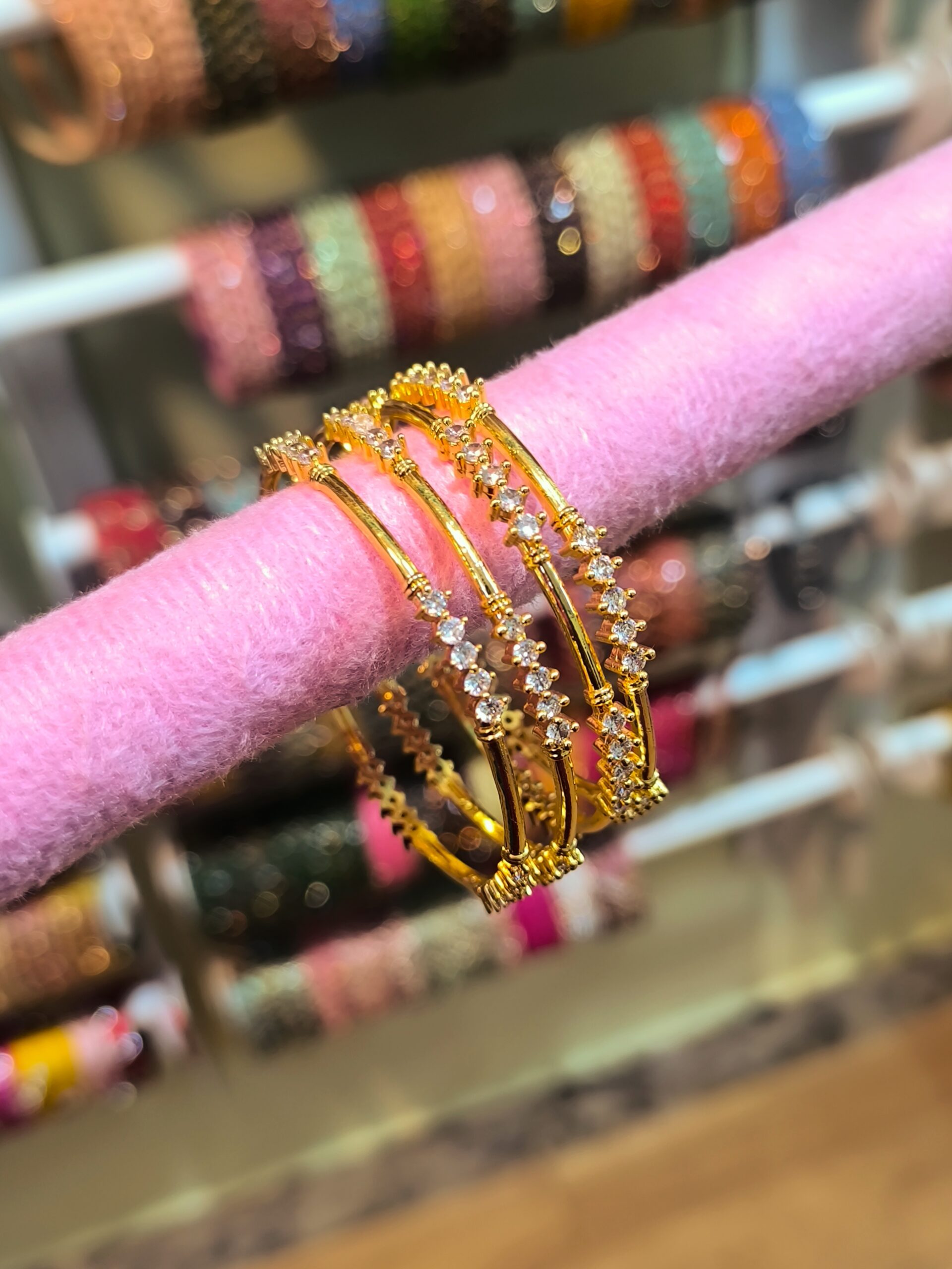 Gold Matt White Stone Bangles-4 Pcs
