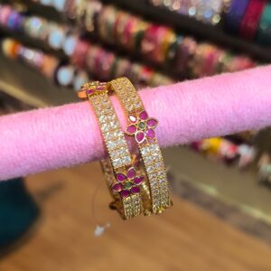White & Pink Stone Aura Kada Bangles- 2Pcs